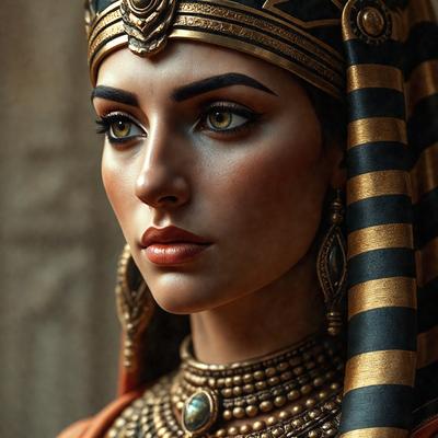 The primary subject of the image is a woman wearing a gold and black headdress, which is reminiscent of ancient Egyptian style. She is looking directly at the camera, with a confident and regal expression. The setting appears to be a studio or a carefully arranged environment, as the woman is the main focus of the image. The visual style is a combination of digital art and illustration, creating a vivid and detailed portrait of the woman. The colors and mood of the image are rich and vibrant, with
